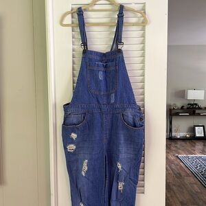 Forever 21 Denim Overalls ripped medium wash jeans buckle